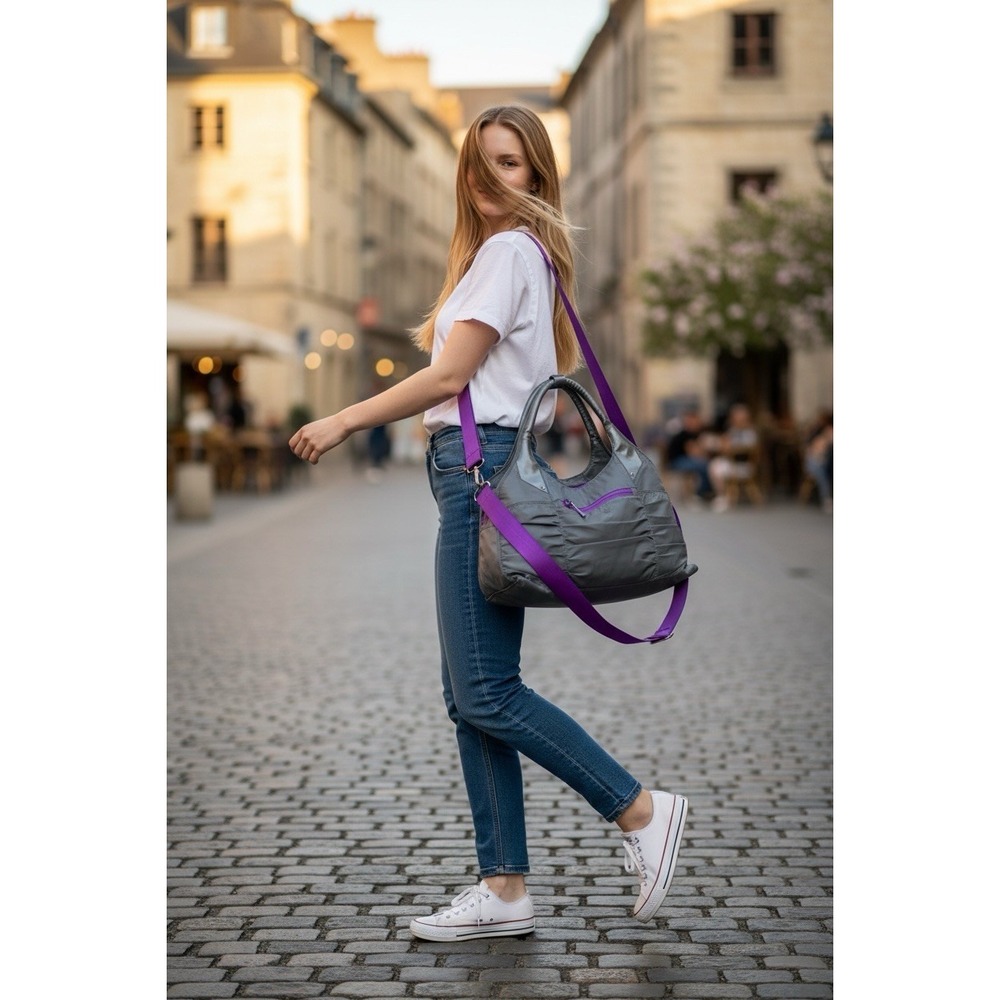 Athleta Gray Purple Weekender Gym Travel Duffel Tote Bag Crossbody Shoulder